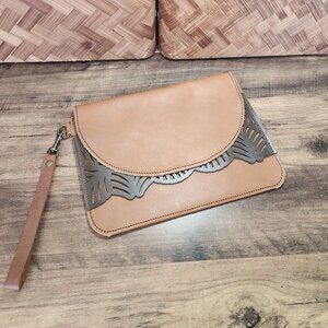 LC Fine Leather Goods Brown Leather Handbag Cutouts‎ Unique Wristlet Clutch EUC